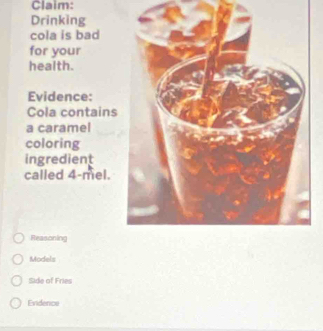 Claim: 
Drinking 
cola is bad 
for your 
health. 
Evidence: 
Cola contains 
a caramel 
coloring 
ingredient 
called 4 -mel. 
Reasoning 
Models 
Side of Fries 
Endence