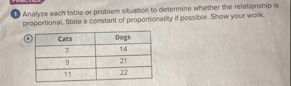 Analyze each table or probiem situation to determine whether the relationship is 
proportional. State a constant of proportionality if possible. Show your work.