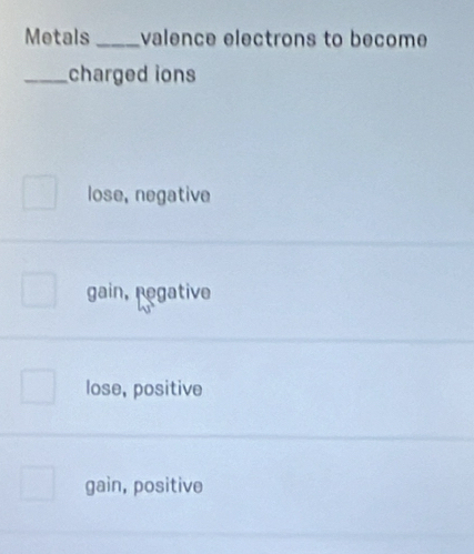 Metals _valence electrons to become
_charged ions
lose, negative
gain, regative
lose, positive
gain, positive