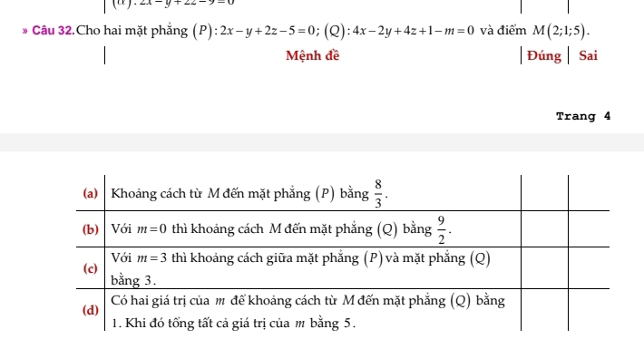 (u)· 2x-y+2z-9-0
* Câu 32.Cho hai mặt phẳng (P): 2x-y+2z-5=0; (Q) beginarrayr + +endarray 4x-2y+4z+1-m=0 và điểm M(2;1;5).
Mệnh đề Đúng| Sai
Trang 4