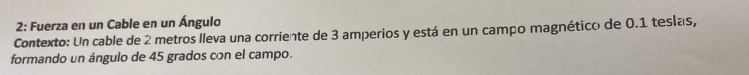 2: Fuerza en un Cable en un Ángulo 
Contexto: Un cable de 2 metros lleva una corriente de 3 amperios y está en un campo magnético de 0.1 teslas, 
formando un ángulo de 45 grados con el campo.