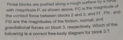 Three blocks are pushed along a rough surface by a force 
with magnitude P, as shown above. FC is the magnitude of 
the contact force between blocks 2 and 3, and Ff , FN , and
FG are the magnitudes of the friction, normal, and 
gravitational forces on block 3, respectively. Which of the 
following is a correct free-body diagram for block 3 ?