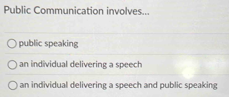 Public Communication involves...
public speaking
an individual delivering a speech
an individual delivering a speech and public speaking