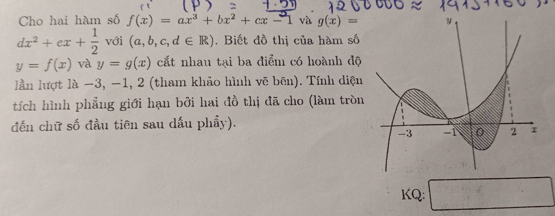 Cho hai hàm số f(x)=ax^3+bx^2+cx-1 và g(x)=
dx^2+ex+ 1/2  với (a,b,c,d∈ R). Biết đồ thị của hàm số
y=f(x) và y=g(x) cắt nhau tại ba điểm có hoành độ 
lần lượt là −3, −1, 2 (tham khảo hình vẽ bên). Tính diện 
tích hình phẳng giới hạn bởi hai đồ thị đã cho (làm tròn 
đến chữ số đầu tiên sau dấu phẩy). 
KQ: □