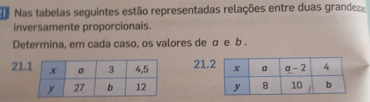 Nas tabelas seguintes estão representadas relações entre duas grandezas 
inversamente proporcionais. 
Determina, em cada caso, os valores de σ e b. 
21. 
21.