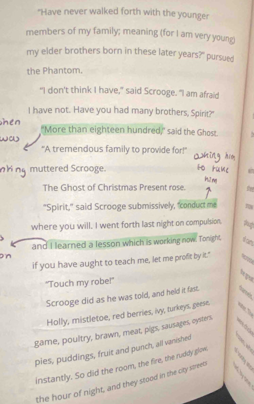 "Have never walked forth with the younger 
members of my family; meaning (for I am very young) 
my elder brothers born in these later years?" pursued 
the Phantom. 
“I don’t think I have,” said Scrooge. “I am afraid 
I have not. Have you had many brothers, Spirit?" 
hen 
“More than eighteen hundred,” said the Ghost. 
na 
“A tremendous family to provide for!” 
muttered Scrooge. 67 
The Ghost of Christmas Present rose. shee 
“Spirit,” said Scrooge submissively, “conduct me StOw 
where you will. I went forth last night on compulsion, pugh 
and I learned a lesson which is working now. Tonight, ol carls 

if you have aught to teach me, let me profit by it." 
the great 
“Touch my robe!” 
Scrooge did as he was told, and held it fast. thannels 
Holly, mistletoe, red berries, ivy, turkeys, geese, ater Th 
game, poultry, brawn, meat, pigs, sausages, oysters, 

pies, puddings, fruit and punch, all vanished à 
instantly. So did the room, the fire, the ruddy glow. 
the hour of night, and they stood in the city streets