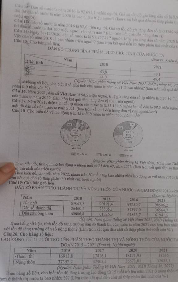 Câu Lờ Dân số nước ta năm 2016 là 92 695,1 nghin người. Giả sử tốc độ gia làng đầu số là 0,5
đổi thì dẫn số nước tả năm 2020 là bao nhiều triệu người? (àm tròn kết quả đến số thập phần th
triệu nguài) Câu Đời Dân số nước ta năm 2016 là 92,6 triệu người. Giả sử fốc độ gia tăng dân số là 0,86% và
thì dân số nước ta đạt 100 triều người vào năm năo ? (làm tròn kết quả đến hàng đơn vi)
Câu 14: Ngày 31/12/2020, dân số nước ta là 97.757,117 người. Mức gia tăng dân số năm 2026 b
Vây dân số năm 2019 là bao nhiêu triệu người? (làm tròn kết quả đến số thập phần thứ nhất của t
Câu 15; Cho bảng số liệu:
Dân Số trung bình phần t
nị
ệt Nam 2021, NXB Thống kê, 20
u, cho biết tỉ số giới tính của nước ta năm 2021 là bao nhiêu? (làm tròn kết quả đề
phân thử nhất của %)
Câu 16. Năm 2021, dân số Việt Nam là 98,5 triệu người, tỉ lệ gia tăng dân số tự nhiên là 0,94 %. Tín
của nước ta năm 2022. (làm hòn kết quả đến hàng đơn vị của triệu người)
Cầu 17. Năm 2021, diện tích đất tự nhiên của nước ta là 33 134,5 nghin ha, số dân là 98,5 triệu người
mật độ dân số của nước ta năm 2021, (làm tròn kết quả đến hàng đơn vị của người/i m^2
Câu 18. Cho biểu đồ về lao động trên 15 tuổi ở nước ta phân theo nhóm tuổi
 
 
 
BU 15 dēn 2 35 dếo 4 Sên Sĩ
(Nguồn: Niên giám thống kê Việt Nam, Tổng cục Thổ
Theo biểu đồ, tỉnh qui mô lao động ở nhóm tuổi từ 25 đến 49, năm 2022. (làm tròn kết quả đến số thể
in thứ nhất của triệu người)
Theo biểu đồ, cho biết năm 2022, nhóm trên 50 tuổi tăng bao nhiêu triệu lao động so với năm 2010 (l
tròn kết quả đến số thập phân thứ nhất của triệu người)
Câu 19: Cho bảng số liệu:
Dân Số phần thEO thành thị và nông thÔn CủANước Ta giai đoạn 2010 - 20
n
(NguồNiên giám thống kê Việt Nam 2021, NXB Thống kế,
Theo bảng số liệu, tính tốc độ tăng trưởng dân số thành thị của nước ta năm 2021 cao hơm bao nhiê
với tốc độ tăng trưởng dân số nông thôn? (Làm tròn kết quả đến chữ số thập phân thứ nhất của % )
Câu 20: Cho bảng số liệu:
LAO ĐộnG tử 15 tuổi trở lên phân thEO thành thị và nông thôn của nước ta
(Nguồn: Niên giám Thống kê V
Theo bảng số liệu, cho biết tốc độ tăng trưởng lao động từ 15 tuổi trở lên năm 2021 ở nông thôn n
hơn ở thành thị nước ta bao nhiều %? (Lảm tròn kết quả đến chữ số thập phần thứ nhất của % )