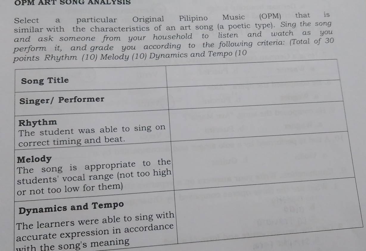 OPM ART SONG AÑALYSIS 
Select a particular Original Pilipino Music (OPM) that is 
similar with the characteristics of an art song (a poetic type). Sing the song 
and ask someone from your household to listen and watch as you 
perform it, and grade you according to the following criteria: (Total of 30 
nd Tempo (10 
with the song's meaning