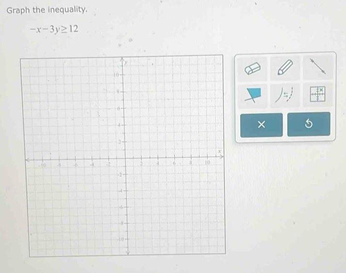 Graph the inequality.
-x-3y≥ 12
±× 
×