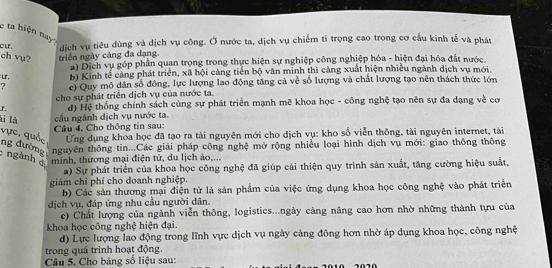 ta hiện nay?
cu. dịch vụ tiêu dùng và dịch vụ công. Ở nước ta, dịch vụ chiếm tỉ trọng cao trong cơ cấu kinh tế và phát
ch vụ? triển ngày càng đa dạng.
a) Dịch vụ góp phần quan trọng trong thực hiện sự nghiệp công nghiệp hóa - hiện đại hóa đất nước.
u. b) Kinh tế cảng phát triển, xã hội càng tiến bộ văn minh thì càng xuất hiện nhiều ngành dịch vụ mới.
? c) Quy mô dân số đông, lực lượng lao động tăng cả về số lượng và chất lượng tạo nên thách thức lớn
cho sự phát triển dịch vụ của nước ta.
r. d) Hệ thống chính sách cùng sự phát triển mạnh mẽ khoa học - công nghệ tạo nên sự đa dạng về cơ
ài là cấu ngành dịch vụ nước ta.
Câu 4. Cho thông tin sau:
vực, quốc  Ứng dụng khoa học đã tạo ra tài nguyên mới cho dịch vụ: kho số viễn thông, tài nguyên internet, tài
ng đường nguyên thông tin...Các giải pháp công nghệ mở rộng nhiều loại hình dịch vụ mới: giao thông thông
c ngành dị
minh, thương mại điện tử, du lịch ảo,...
a) Sự phát triển của khoa học công nghệ đã giúp cải thiện quy trình sản xuất, tăng cường hiệu suất,
giảm chi phí cho doanh nghiệp.
b) Các sản thương mại điện tử là sản phầm của việc ứng dụng khoa học công nghệ vào phát triển
dịch vụ, đáp ứng nhu cầu người dân.
c) Chất lượng của ngành viễn thông, logistics...ngày càng nâng cao hơn nhờ những thành tựu của
khoa học công nghệ hiện đại.
d) Lực lượng lao động trong lĩnh vực dịch vụ ngày càng đông hơn nhờ áp dụng khoa học, công nghệ
trong quá trình hoạt động.
Câu 5. Cho bảng số liệu sau: