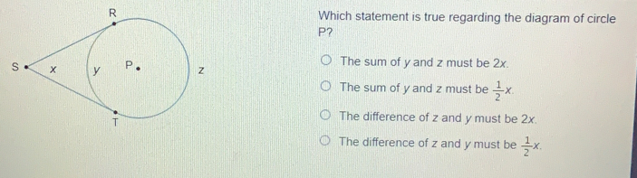 Which statement is true regarding the diagram of circle
P?
The sum of y and z must be 2x.
The sum of y and z must be  1/2 x
The difference of z and y must be 2x
The difference of z and y must be  1/2 x