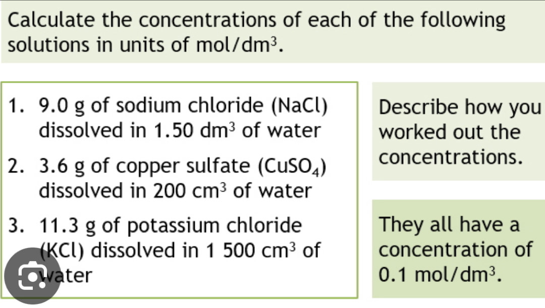 Calculate the concentrations of each of the following 
solutions in units of mol/dm^3. 
1. 9.0 g of sodium chloride (NaCl) Describe how you 
dissolved in 1.50dm^3 of water worked out the 
2. 3.6 g of copper sulfate (CuSO_4) concentrations. 
dissolved in 200cm^3 of water 
3. 11.3 g of potassium chloride They all have a 
(KCl) dissolved in 1500cm^3 of concentration of 
water 0.1mol/dm^3.