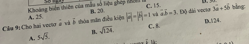 So ngay
Khoảng biến thiên của mẫu số liệu ghép nhỏm là D. 30.
A. 25. B. 20. C. 15.
Câu 9: Cho hai vectơ vector a và vector b thỏa mãn điều kiện |vector a|=|vector b|=1 và vector a.vector b=3. Độ dài vectơ 3vector a+5vector b
bằng:
C. 8. D. 124.
B. sqrt(124).
A. 5sqrt(5).
vector k là: