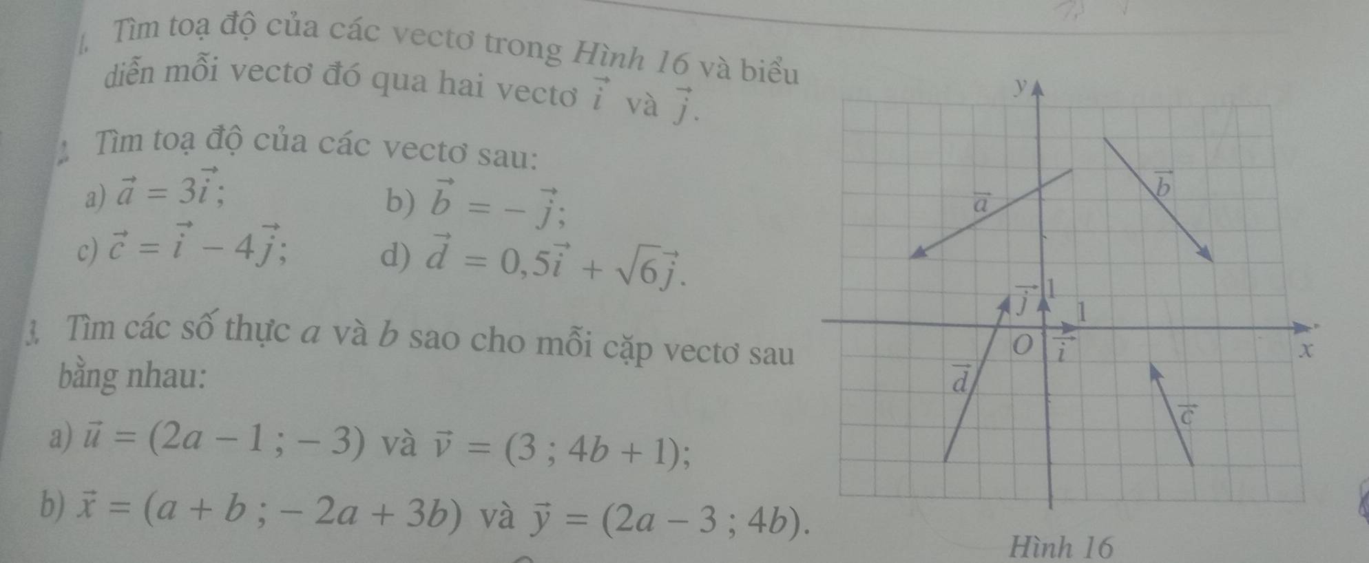 Tìm toạ độ của các vectơ trong Hình 16 và biểu
diễn mỗi vectơ đó qua hai vecto vector i và vector j.
Tìm toạ độ của các vectơ sau:
a) vector a=3vector i;
b) vector b=-vector j;
c) vector c=vector i-4vector j;
d) vector d=0,5vector i+sqrt(6)vector j.
3. Tìm các số thực a và b sao cho mỗi cặp vecto sau
bằng nhau: 
a) vector u=(2a-1;-3) và vector v=(3;4b+1)
b) vector x=(a+b;-2a+3b) và vector y=(2a-3;4b).
Hình 16