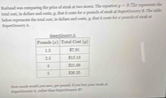 Rashand was comparing the price of steak at two storen. The equation y=9.72x represents de: 
total cost, in dellars and cents, g, that it casts for 2 pounds of steak at SuperCossery B. The table 
below represents the total cast, in dollars and cents, g, that it costs for 2 pounds of steak at 
Super Eaary A 
Hlow much would you save, ger gound, if you bny your steak at 
Superneery A. ather than SuperCueey B?