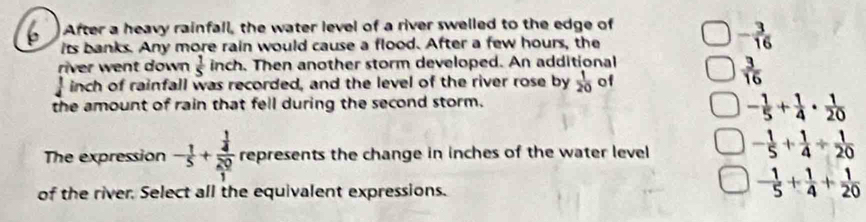 After a heavy rainfall, the water level of a river swelled to the edge of
its banks. Any more rain would cause a flood. After a few hours, the
- 3/16 
river went down  1/5 inch. Then another storm developed. An additional
inch of rainfall was recorded, and the level of the river rose by  1/20  of
 3/16 
the amount of rain that fell during the second storm.
- 1/5 + 1/4 ·  1/20 
The expression - 1/5 +frac  1/4  20/1  represents the change in inches of the water level - 1/5 + 1/4 /  1/20 
of the river. Select all the equivalent expressions.
- 1/5 + 1/4 + 1/20 