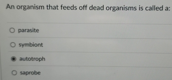 An organism that feeds off dead organisms is called a:
parasite
symbiont
autotroph
saprobe