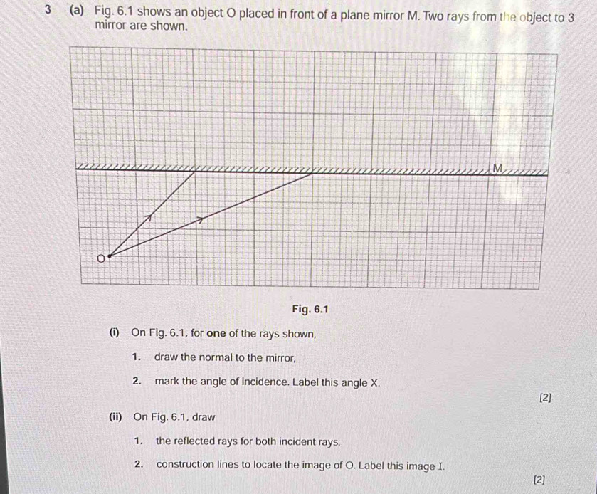 3 (a) Fig. 6.1 shows an object O placed in front of a plane mirror M. Two rays from the object to 3
mirror are shown. 
Fig. 6.1 
(i) On Fig. 6.1, for one of the rays shown, 
1. draw the normal to the mirror, 
2. mark the angle of incidence. Label this angle X. 
[2] 
(ii) On Fig. 6.1, draw 
1. the reflected rays for both incident rays, 
2. construction lines to locate the image of O. Label this image I. 
[2]