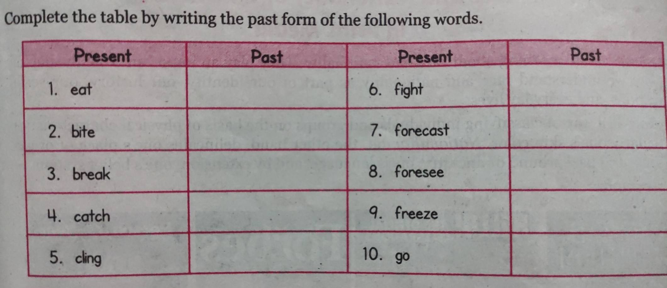 Complete the table by writing the past form of the following words.