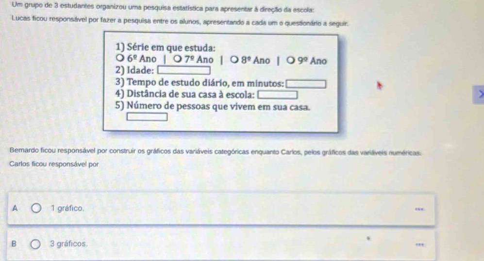 Um grupo de 3 estudantes organizou uma pesquisa estatística para apresentar à direção da escola:
Lucas ficou responsável por fazer a pesquisa entre os alunos, apresentando a cada um o questionário a seguir.
1) Série em que estuda:
bigcirc 6^(_ circ) Ano |O7° Ano 8^(_ circ) Ano 109° Ano
2) Idade:
3) Tempo de estudo diário, em minutos:
4) Distância de sua casa à escola: □ 
>
5) Número de pessoas que vivem em sua casa.
Bemardo ficou responsável por construir os gráficos das variáveis categóricas enquanto Carlos, pelos gráficos das variáveis numéricas:
Carlos ficou responsável por
A 1 gráfico.
B 3 gráficos.