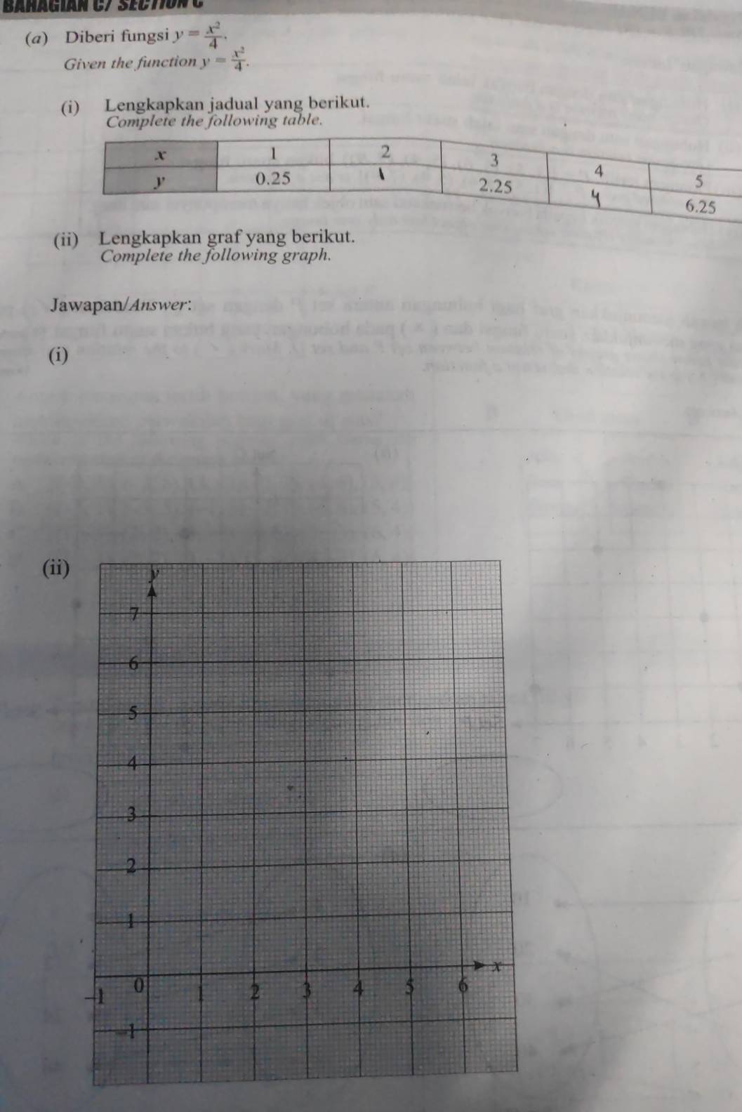 Bahagián Cy Sectión C
(a) Diberi fungsi y= x^2/4 . 
Given the function y= x^2/4 . 
(i) Lengkapkan jadual yang berikut.
Complete the following table.
(ii) Lengkapkan graf yang berikut.
Complete the following graph.
Jawapan/Answer:
(i)
(ii)