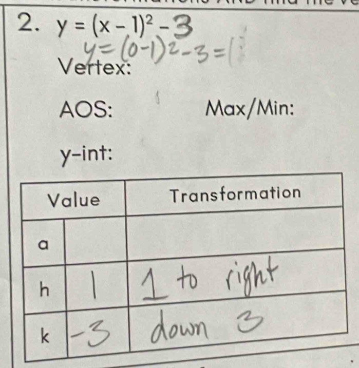 y=(x-1)^2-
Vertex: 
AOS: Max/Min:
y -int: