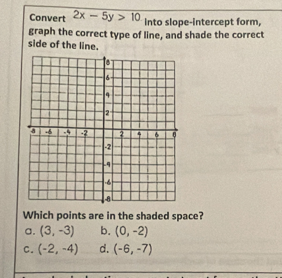 Convert 2x-5y>10 into slope-intercept form,
graph the correct type of line, and shade the correct
side of the line.
Which points are in the shaded space?
a. (3,-3) b. (0,-2)
C. (-2,-4) d. (-6,-7)