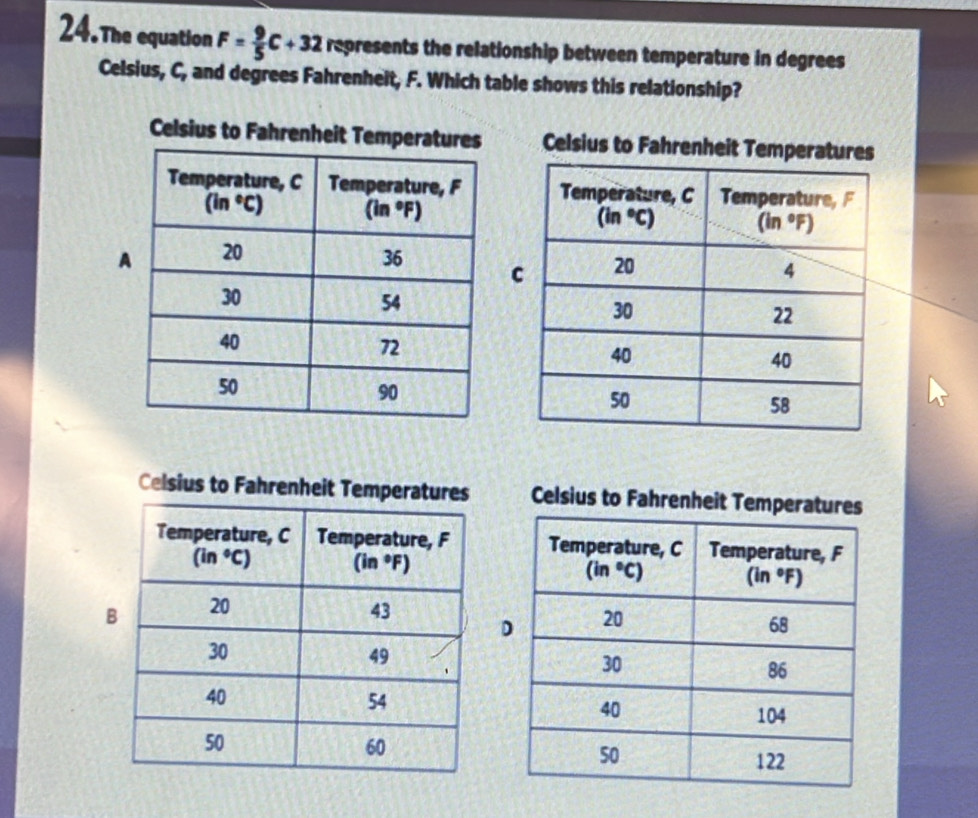 The equation F= 9/5 C+32 represents the relationship between temperature in degrees
Celsius, C, and degrees Fahrenheit, F. Which table shows this relationship?
Celsius to Fahrenheit Tempera Celsius to Fahrenheit Tempe
 
A
Celsius to Fahrenheit Temperatur Celsius to Fahrenheit Temperat