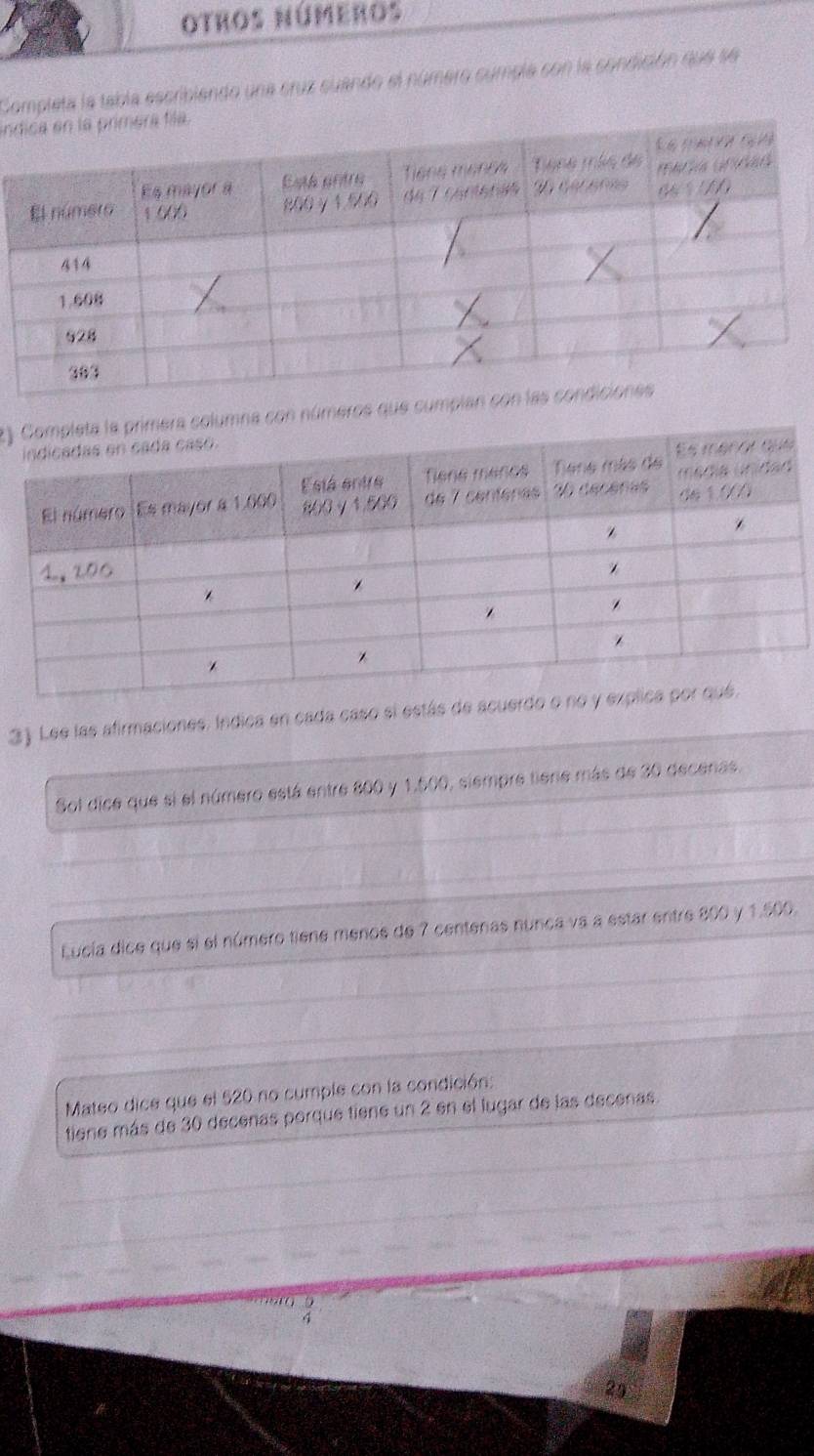 otros números 
Completa la tabla escribiendo una cruz suando el número cumpla con la condición que se 
in 
t) números que 
3) Lee las afirmaciones. Indica en cada caso si estás de acuer 
Sol dice que si el número está entre 800 y 1,500, siempre tiene más de 30 decenas. 
Lucía dice que si el número tiene menos de 7 centenas nunca va a estar entre 800 y 1.500. 
Mateo dice que el 520 no cumple con la condición: 
tiene más de 30 decenas porque tiene un 2 en el lugar de las decenas.
4
29