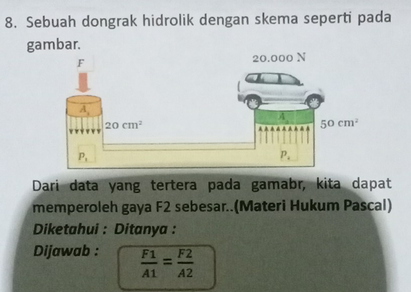 Sebuah dongrak hidrolik dengan skema seperti pada
gambar.
Dari data yang tertera pada gamabr, kita dapat
memperoleh gaya F2 sebesar..(Materi Hukum Pascal)
Diketahui : Ditanya :
Dijawab :
 F1/A1 = F2/A2 