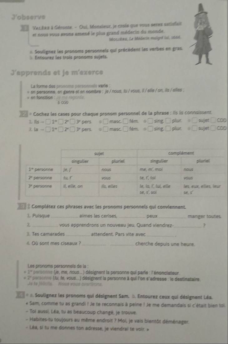 Jobserve
Val.éRx à Géronte. - Oui, Monsieur, je crois que vous serex satisfait
et nous vous avons amené le plus grand médecin du monde.
Mosckxa, Le Méderin malgré lui, 1666
Soulignez les pronoms personnels qui précèdent les verbes en gras.
. Entourez les troís pronoms sujets.
J' lapprends et je m'exerce
La forme des pronome personnaín varie :
an personne, en genre at en nombre : je / nous, tu / vous, il / elle / on, ills / elles ;
* en fonction : le mé regonds.
1 ∞00
Z * Cochez les cases pour chaque pronom personnel de la phrase : Ils ln connoissent.
L f(s-□ 1°□ 2°□ 3° pers o □ masc □fém o □ sing □ plur: ○ □ sujet □ COD
2.la-□ 1°□ 2°□ 3° pers. □ masc □ fêm o □  ) sing: □ pluc φ □ sujet □ COD
« Complétez ces phrases avec les pronoms personnels qui conviennent.
1. Pulsque_ aîmes les ceríses, _peux _manger toutes.
Z _vous apprendrons un nouveau jeu. Quand viendrez-_ ?
3. Tes camarades_ attendent. Pars vite avec_ .
. Où sont mes ciseaux ? __cherche depuls une heure.
Les pronoms pérsonnels de la :
1° personne (je, me, nous...) désignent la personne qui parle : l'énonciateur.
2° personne (fu, te, vous... ) désignent la personne à qui l'on s'adresse : le destinataire.
Je te félicits  Nous vous avertírons.
4  Soulignez les pronoms qui désignent Sam. b. Entourez ceux qui désignent Léa.
Sam, comme tu as grandi ! Je te reconnais à peine ! Je me demandais si c'était bien toi
Toi aussi, Léa, tu as beaucoup changé, je trouve.
- Habites-tu toujours au même endroit ? Mol, je vais bientôt déménager.
- Léa, si tu me donnes ton adresse, je viendrai te voir. »