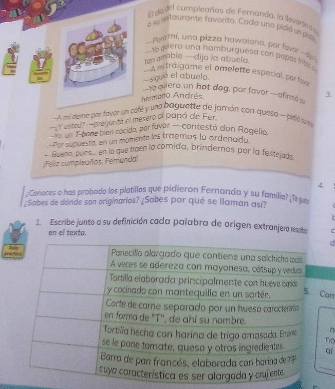 El da del cumpleaños de Fernanda, la llevarán s 
a su estaurante favorito. Cada uno pidió un pala 
-Par mi, una pizza hawaiana, por favor -a 
—Ye aviero una hamburguesa con popas frites s 
tan amable —dijo la abuela. 
—A mitráigame el omelette especial, por favo 
siguió el abuelo. 
—Yo quiero un hot dog, por favor -afirmó su 3. 
hermano Andrés. 
-A mi deme por favor un café y una baguette de jamón con queso —pidió su my 
Y usted? —preguntó el mesero al papá de Fer 
—Yo, un T-bone bien cocido, por favor —contestó don Rogelio. 
—Por supuesto, en un momento les traemos lo ordenado. 
—Bueno, pues... en lo que traen la comida, brindemos por la festejada 
;Feliz cumpleaños, Fernanda! 
4. 
¿Conoces o has probado los platillos que pidieron Fernanda y su familia? ¿Te gust 
¿Sabes de dónde son originarios? ¿Sabes por qué se llaman así? 
1. Escribe junto a su definición cada palabra de origen extranjero resaltzan C 
en el texto. 
d 
pr 
om 
n 
no 
al