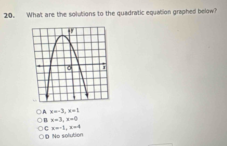 What are the solutions to the quadratic equation graphed below?
A x=-3, x=1
B x=3, x=0
C x=-1, x=4
D No solution