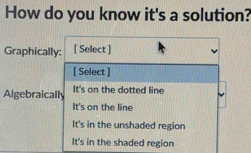 How do you know it's a solution?
Graphically: [ Select ]
[ Select ]
Algebraically It's on the dotted line
It's on the line
It's in the unshaded region
It's in the shaded region