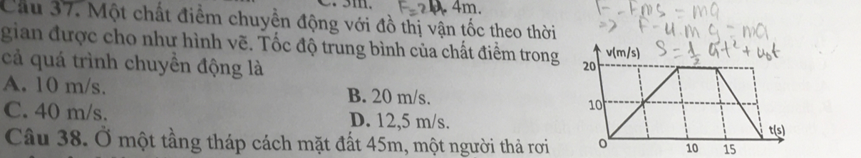 4m
Cầu 37. Một chất điểm chuyền động với đồ thị vận tốc theo thời
gian được cho như hình vẽ. Tốc độ trung bình của chất điểm trong 20 v(m/s)
cả quá trình chuyền động là
A. 10 m/s. B. 20 m/s.
10
C. 40 m/s. D. 12,5 m/s. t(s)
Câu 38. Ở một tầng tháp cách mặt đất 45m, một người thả rơi o
10 15