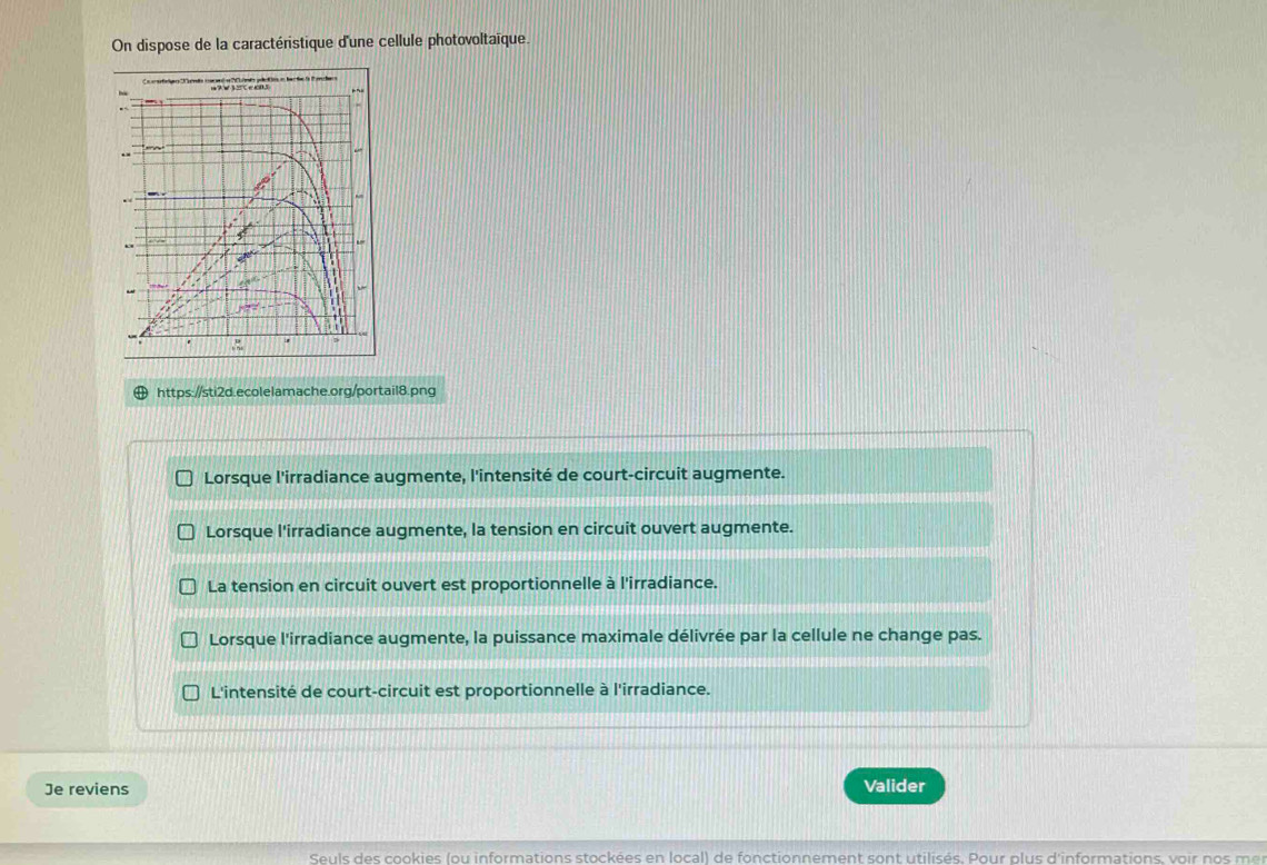 On dispose de la caractéristique d'une cellule photovoltaïque.
https://sti2d.ecolelamache.org/portail8.png
Lorsque l'irradiance augmente, l'intensité de court-circuit augmente.
Lorsque l'irradiance augmente, la tension en circuit ouvert augmente.
La tension en circuit ouvert est proportionnelle à l'irradiance.
Lorsque l'irradiance augmente, la puissance maximale délivrée par la cellule ne change pas.
L'intensité de court-circuit est proportionnelle à l'irradiance.
Je reviens Valider
Seuls des cookies (ou informations stockées en local) de fonctionnement sont utilisés. Pour plus d'informations, voir nos m