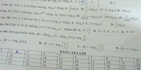 đB lốg, √a băng A. -3. B.  1/3 . C. - 1/3 · D. 3.
Câu 36: Với a là số thực dương. log _3a^3 bằng A.  1/3 log _3a B.  1/3 +log _3a C. 3+log _3a.D.3log _3a.
Cầu 37: Với a dương, log _2a^(2013) bằng: A.2023+log _2a .B,  1/2023 +log _2a.C . 2023log _2a .D.  1/2023 log _2a
Câu 38: Với a, b đương tùy ý và a!= 1,log _a^+b bằng: A. 5log _ab.C.5+log _ab. D.  1/5 log _ab.
âu 39: Cho a là số dương a!= 1 và log _sqrt[3](a)a^3. Mệnh đề? A. P= 1/3  B. P=3 C. P=1 D. P=9
u 40: Rút gọn biểu thức M=3log _sqrt(3)sqrt(x)-6log _9(3x)+log _ 1/3  x/9 .
M=-log _3(3x) B. M=2+log _3( x/3 ) C.