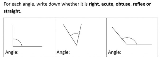 For each angle, write down whether it is right, acute, obtuse, reflex or 
straight. 
Angle: Angle: Angle: