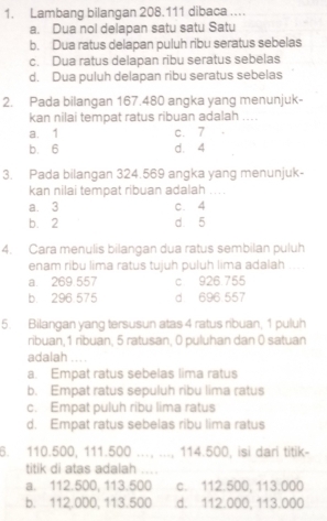 Lambang bilangan 208.111 dibaca ....
a. Dua nol delapan satu satu Satu
b. Dua ratus delapan puluh ribu seratus sebelas
c. Dua ratus delapan ribu seratus sebelas
d. Dua puluh delapan ribu seratus sebelas
2. Pada bilangan 167.480 angka yang menunjuk-
kan nilai tempat ratus ribuan adalah ....
a. 1 c. 7
b. 6 d. 4
3. Pada bilangan 324.569 angka yang menunjuk-
kan nilai tempat ribuan adalah ....
a. 3 C. 4
b. 2 d 5
4. Cara menulis bilangan dua ratus sembilan puluh
enam ribu lima ratus tujuh puluh lima adalah
a. 269.557 c 926 755
b 296 575 d 696 557
5. Bilangan yang tersusun atas 4 ratus ribuan, 1 puluh
ribuan, 1 ribuan, 5 ratusan, 0 puluhan dan 0 satuan
adalah ....
a. Empat ratus sebelas lima ratus
b. Empat ratus sepuluh ribu lima ratus
c. Empat puluh ribu lima ratus
d. Empat ratus sebelas ribu lima ratus
6. 110.500, 111.500..., ..., 114.500, isi dari titik-
titik di atas adalah ....
a. 112.500, 113.500 c. 112.500, 113.000
b. 112.000, 113.500 d. 112.000. 113.000