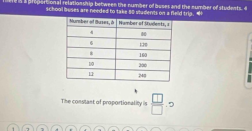 mere is a proportional relationship between the number of buses and the number of students. 4 
school buses are needed to take 80 students on a field trip. 
The constant of proportionality is  □ /□  .5. D