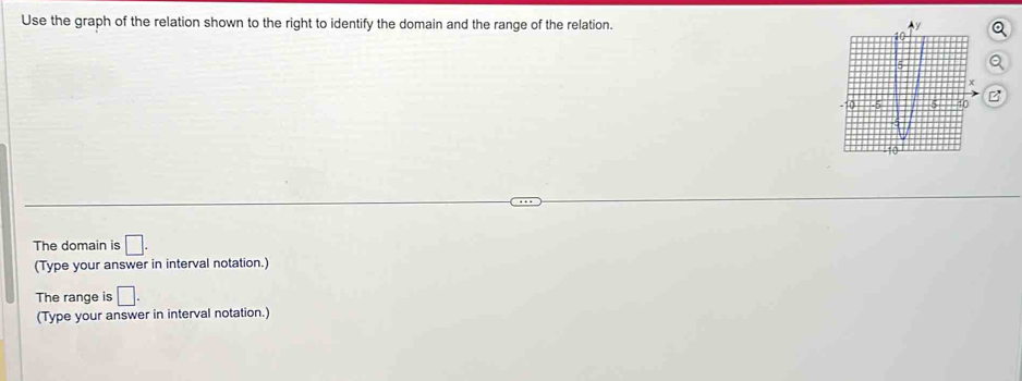 Use the graph of the relation shown to the right to identify the domain and the range of the relation. 
The domain is □. 
(Type your answer in interval notation.) 
The range is □. 
(Type your answer in interval notation.)