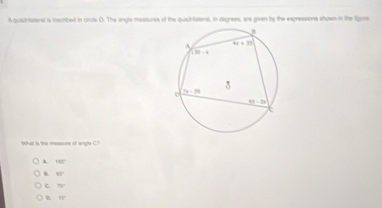 A quadriateral is inscribed in circle O. The angle measures of the quadrilateral, in degrees, are given by the expressions shown in the Sigure
What is the measure of angle C?
A. 165°
B. 65°
C. 75°
D. 18°