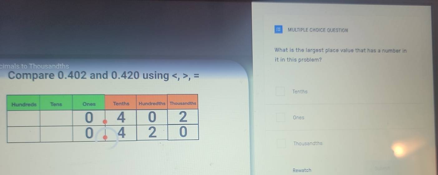 QUESTION
What is the largest place value that has a number in
it in this problem?
cimals to Thousandths
Compare 0.402 and 0.420 using , , =
Tenths
Ones
Thousandths
Rewatch