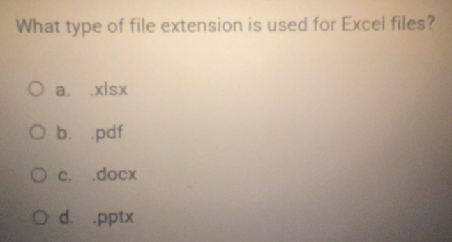 Selesai:What type of file extension is used for Excel files? a. .x|sx b ...