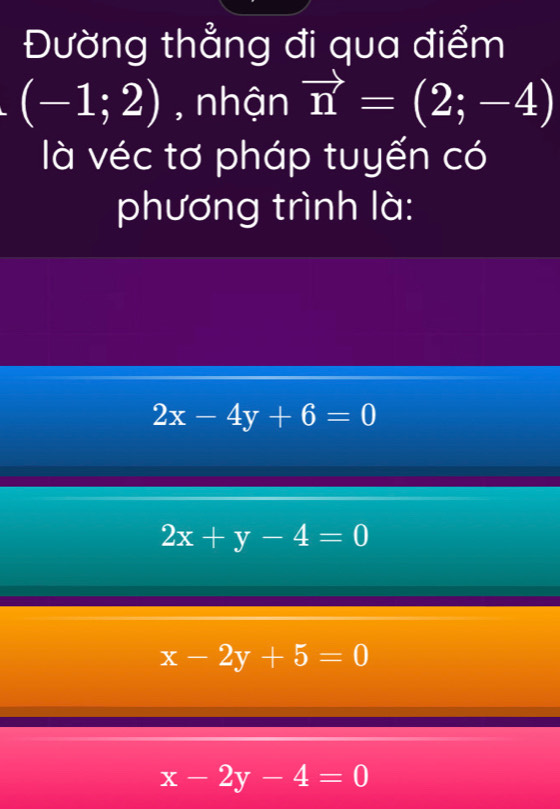 Đường thẳng đi qua điểm
(-1;2) , nhận vector n=(2;-4)
là véc tơ pháp tuyến có
phương trình là:
2x-4y+6=0
2x+y-4=0
x-2y+5=0
x-2y-4=0