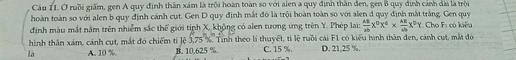 Ở ruồi giấm, gen A quy định thân xám là trội hoàn toàn so với alen a quy định thân đen, gen B quy định cánh dài là trội
hoàn toàn so với alen b quy định cánh cụt. Gen D quy định mắt đỏ là trội hoàn toàn so với alen d quy định mắt trắng. Gen quy
định màu mắt nằm trên nhiễm sắc thể giới tính X, không có alen tương ứng trên Y. Phép lai:  AB/ab X^DX^d*  AB/ab X^DY Cho F1 có kiểu
hình thân xám, cánh cụt, mắt đỏ chiếm tỉ lệ 3,75 %. Tính theo lí thuyết, tỉ lệ ruồi cái F1 có kiểu hình thân đen, cánh cụt, mắt đỏ
là A. 10 %. B. 10,625 %. C. 15 %. D. 21,25 %.