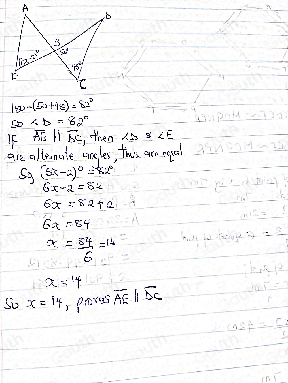 180-(50+48)=82°
50∠ b=82°
If overline AEparallel overline DC ,then ∠ D8∠ E
are alternole angles, this are equal 
S9 (6x-2)^circ =82°
6x-2=82
6x=82+2
6x=84
x= 84/6 =14
x=14
So x=14 , proves overline AEparallel overline DC