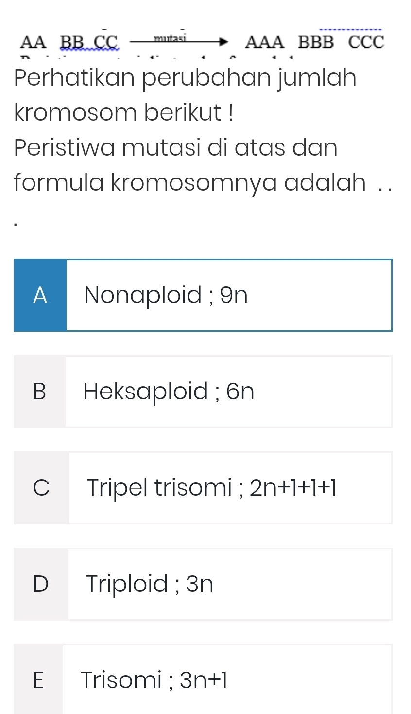 AA BB CC mutas → 、 AAA BBB CCC
Perhatikan perubahan jumlah
kromosom berikut !
Peristiwa mutasi di atas dan
formula kromosomnya adalah . .
A Nonaploid ; 9n
B Heksaploid ; 6n
C Tripel trisomi ; 2n+1+1+1
D Triploid ; 3n
E Trisomi ; 3n+1