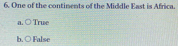 One of the continents of the Middle East is Africa.
a. True
b. False