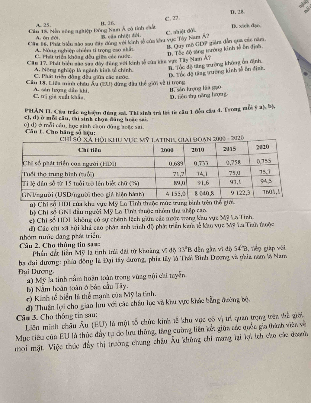 nght
D. 28.
mới
A. 25. B. 26. C. 27.
Câu 15. Nền nông nghiệp Đông Nam Á có tính chất D. xich đạo.
A. ôn đới.
B. cận nhiệt đới. C. nhiệt đới.
Câu 16. Phát biểu nào sau đây đủng với kinh tế của khu vực Tây Nam Á?
A. Nông nghiệp chiếm ti trọng cao nhất. B. Quy mô GDP giảm dần qua các năm.
D. Tốc độ tăng trưởng kinh tế ổn định.
C. Phát triển không đều giữa các nước.
Câu 17. Phát biểu nào sau đây đủng với kinh tế của khu vực Tây Nam Á?
A. Nông nghiệp là ngành kinh tế chính.
B. Tốc độ tăng trưởng không ổn định.
C. Phát triển đồng đều giữa các nước.
D. Tốc độ tăng trưởng kình tế ổn định.
Câu 18. Liên minh châu Âu (EU) đứng đầu thế giới về tỉ trọng
A. sản lượng dầu khí.
B. sản lượng lúa gạo.
C. trị giá xuất khẩu. D. tiêu thụ năng lượng.
PHÀN II Câu trắc nghiệm đúng sai. Thí sinh trả lời từ câu 1 đến câu 4. Trong mỗi ý a), b),
c), d) ở mỗi câu, thí sinh chọn đúng hoặc sai.
c) d) ở mỗi câu, học sinh chọn đúng hoặc sai.
Câu 1. Cho bảng số liệu:
- 2020
a) Chi số HDI của khu vực Mỹ La Tinh thuộc mức trung
b) Chỉ số GNI đầu người Mỹ La Tinh thuộc nhóm thu nhập cao.
c) Chỉ số HDI không có sự chênh lệch giữa các nước trong khu vực Mỹ La Tinh.
d) Các chỉ xã hội khá cao phản ảnh trình độ phát triển kinh tế khu vực Mỹ La Tinh thuộc
nhóm nước đang phát triển.
Câu 2. Cho thông tin sau:
Phần đất liền Mỹ la tinh trải dài từ khoảng vĩ độ 33°B đến gần vĩ độ 54°B , tiếp giáp với
ba đại dương: phía đông là Đại tây dương, phía tây là Thái Bình Dương và phía nam là Nam
Đại Dương.
a) Mỹ la tinh nằm hoàn toàn trong vùng nội chí tuyển.
b) Nằm hoàn toàn ở bán cầu Tây.
c) Kinh tế biển là thể mạnh của Mỹ la tinh.
d) Thuận lợi cho giao lưu với các châu lục và khu vực khác bằng đường bộ.
Câu 3. Cho thông tin sau:
Liên minh châu Âu (EU) là một tổ chức kinh tế khu vực có vị trí quan trọng trên thế giới.
Mục tiêu của EU là thúc đầy tự do lưu thông, tăng cường liên kết giữa các quốc gia thành viên về
mọi mặt. Việc thúc đầy thị trường chung châu Âu không chỉ mang lại lợi ích cho các doanh